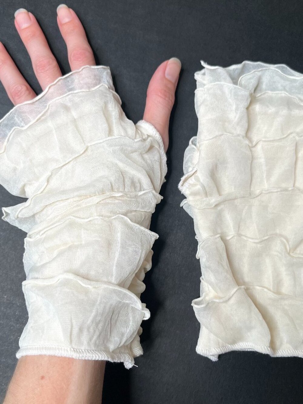 Cream Ruffle Fingerless Gloves Mummy Wrap Hand Warmers Feminine Ballerina Ghost